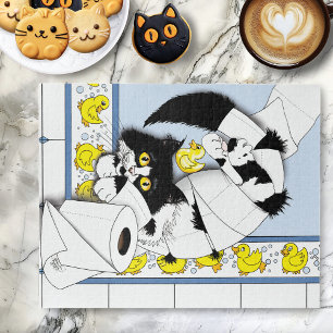 Speelse Tuxedo Kat Toiletpapier Chaos Blauw Geel Legpuzzel