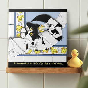 Speelse Tuxedo Kat Toiletpapier Chaos Blauw Geel Tegeltje