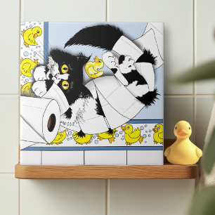 Speelse Tuxedo Kat Toiletpapier Chaos Blauw Geel Tegeltje