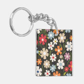 Speelse veelkleurige bloem op zwarte achtergrond sleutelhanger (Voorkant Links)