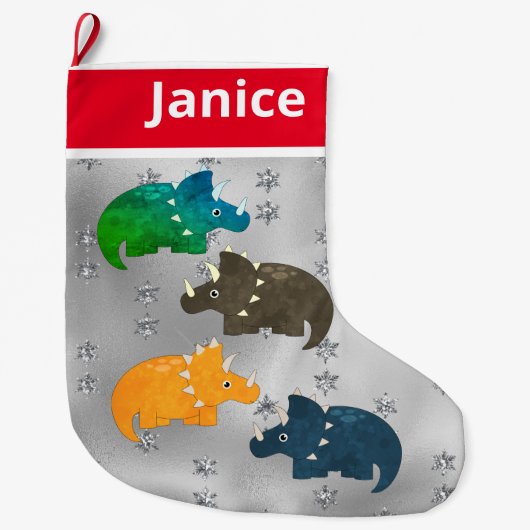 Speelse veelkleurige dinosaurussen op zilver grote kerstsok (Voorkant)