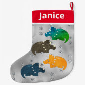 Speelse veelkleurige dinosaurussen op zilver grote kerstsok (Achterkant)