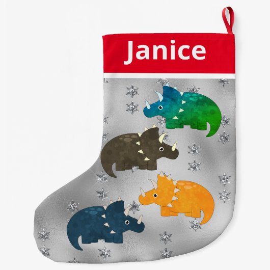 Speelse veelkleurige dinosaurussen op zilver grote kerstsok (Achterkant)