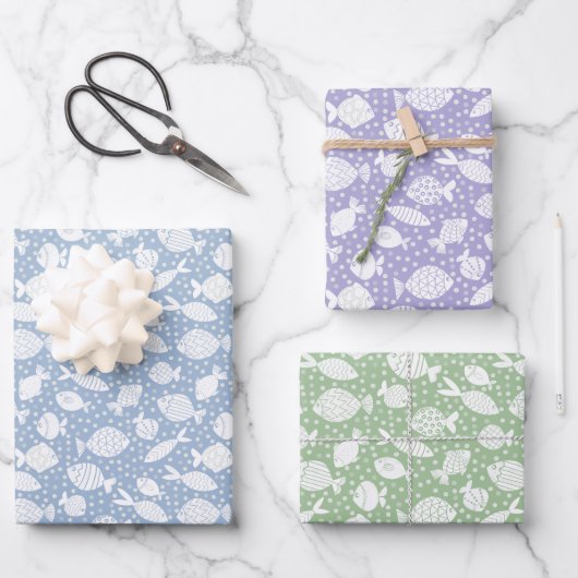 Speelse Visschool Doodle S witte Cadeau Inpakpapier Vel (Voorkant)