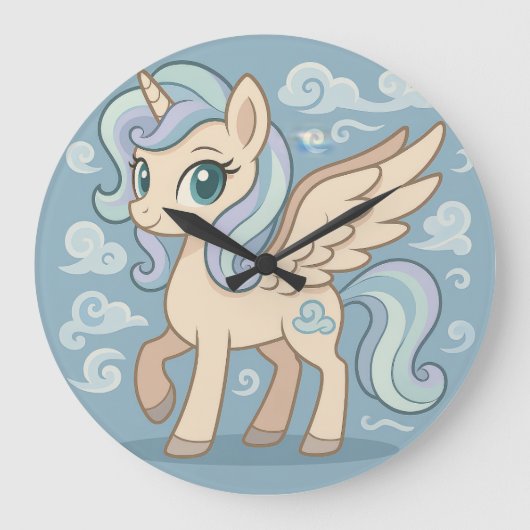 Speelse Vliegende Pony Wandklok – Cute Pastel Peg (Voorkant)