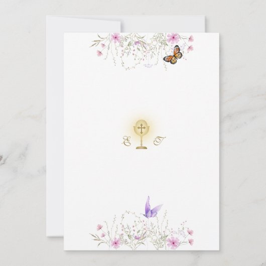 Speelse Vlinder Wildbloemen Eerste Heilige Communi Kaart (Achterkant)