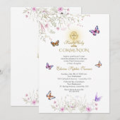 Speelse Vlinder Wildbloemen Eerste Heilige Communi Kaart (Voorkant / Achterkant)