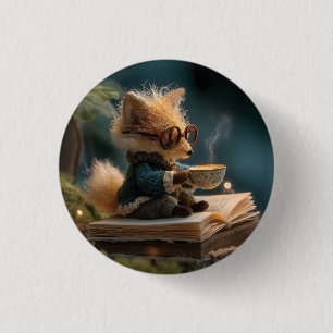Speelse Vos Leest Boek en Drinkt Thee Ronde Button 3,2 Cm