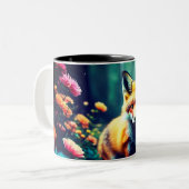 Speelse vos te midden van bloesems tweekleurige koffiemok (Voorkant links)
