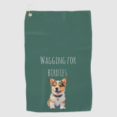 Speelse Vrolijke Corgi 'Kwispelend voor Birdies' P Golfhanddoek (Voorkant)