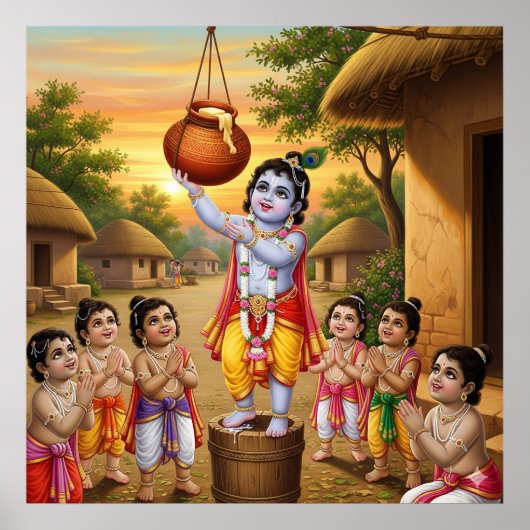Speelse warme etnische Bala Krishna Boter Diebstal Poster (Voorkant)