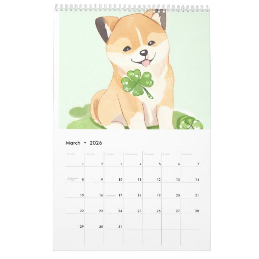 Speelse Waterverf AI Gegenereerde Shiba Inu Kalender (Mar 2026)