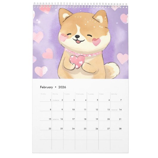 Speelse Waterverf AI Gegenereerde Shiba Inu Kalender (Feb 2026)
