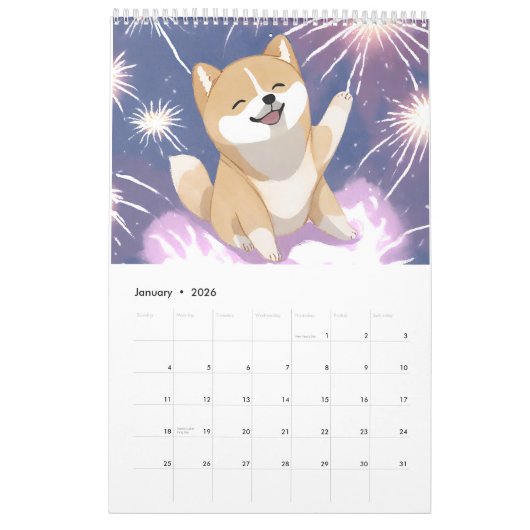 Speelse Waterverf AI Gegenereerde Shiba Inu Kalender (Jan 2026)