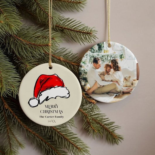 Speelse Waterverf Rode Santa Hat Familie Foto Keramisch Ornament