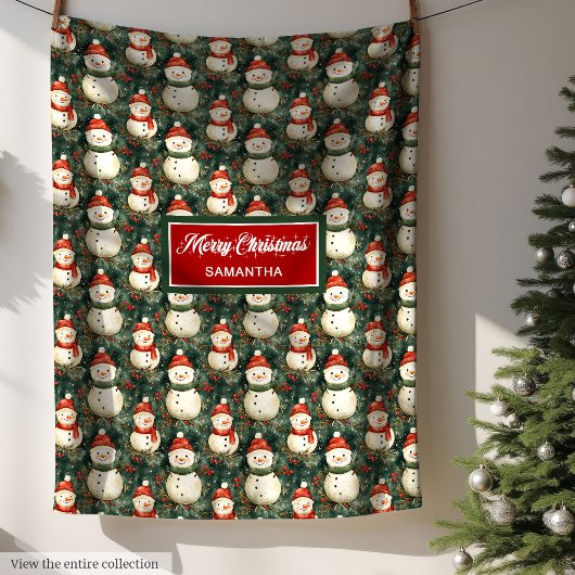 Speelse Waterverf Sneeuwman Deep Sage Green Red Fleece Deken