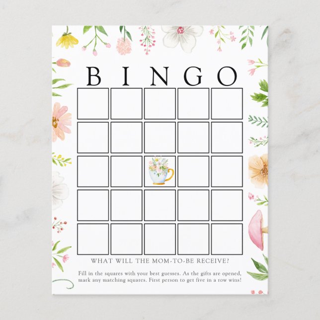 Speelse Wilde Bloem Thee Baby Bingo Spelkaart (Voorkant)