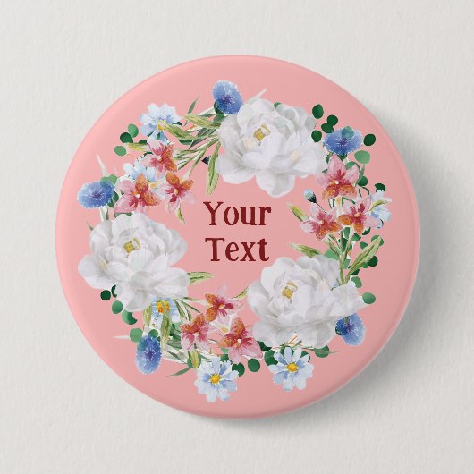 Speelse witte bloemenkrans reversspeld ronde button 7,6 cm (Voorkant)