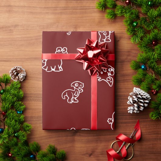 Speelse Witte Cartoon Dino's op Donkerrood Cadeaupapier (Feestdagen Geschenken)
