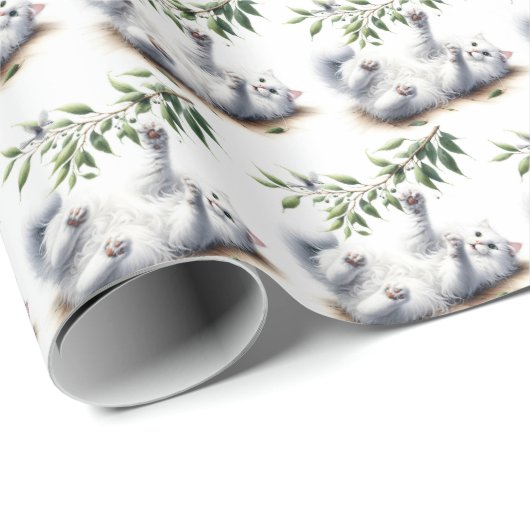 Speelse witte kat met boomtak cadeaupapier (Rol Hoek)