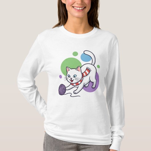 Speelse Witte Kat Met Garenspool T-shirt (Voorkant)