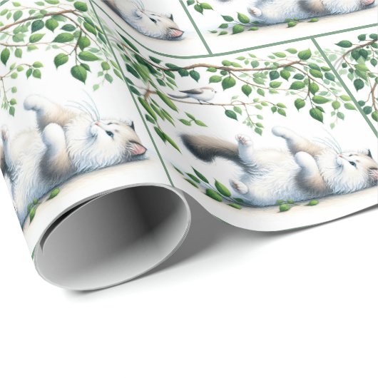 Speelse witte kat met vogel cadeaupapier (Rol Hoek)