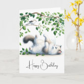 Speelse Witte Kat met Vogel Verjaardag Kaart (Gele Bloem)