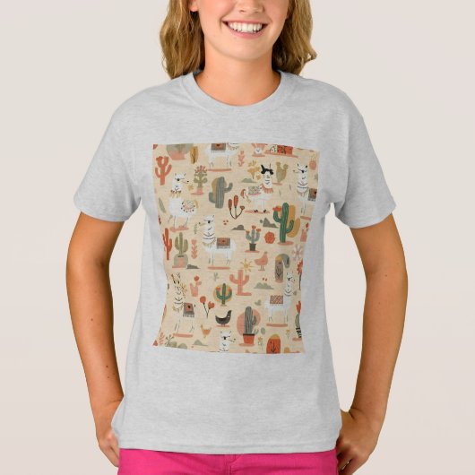 Speelse Woestijn Llama's Patroon T-shirt (Voorkant)