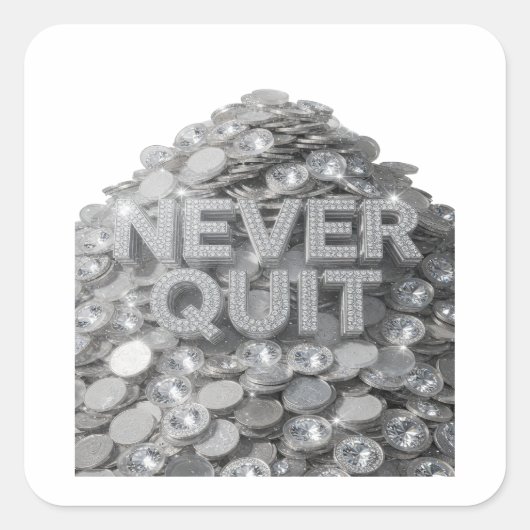 Speelse Zilveren NEVER QUIT Label Ontwerp (Voorkant)
