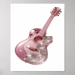 Speelse Zilveren ROZE GLITTER GITAAR Print