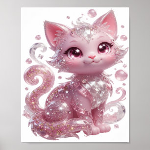 Speelse Zilveren ROZE GLITTER KAT Poster