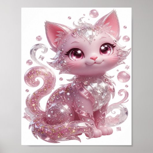 Speelse Zilveren ROZE GLITTER KAT Poster (Voorkant)
