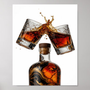 Speelse Zilveren WHISKYFLES EN GLAZEN SPLASH Poster
