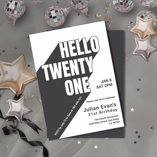 Speelse zwart-wit gedurfde typografie 21ste verjaa kaart