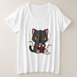 Speelse Zwarte Kat Chibi-ontwerp Grote Maat T-shirt