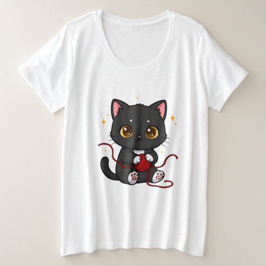 Speelse Zwarte Kat Chibi-ontwerp Grote Maat T-shirt (Design voorkant)