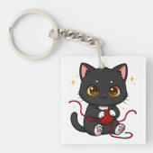 Speelse Zwarte Kat Chibi-ontwerp Sleutelhanger (voorkant)
