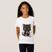 Speelse Zwarte Kat Chibi-ontwerp T-shirt (Voorkant volledig)