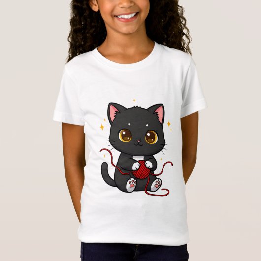 Speelse Zwarte Kat Chibi-ontwerp T-shirt (Voorkant)
