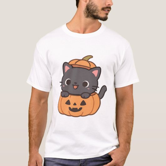 Speelse Zwarte Kat die uit Pompoen T-Shirt Springt (Voorkant)