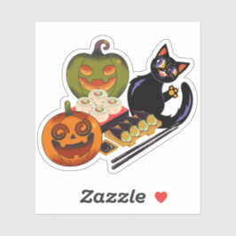 Speelse Zwarte Kat & Duizelige Pompoen Temaki Sush Sticker