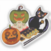 Speelse Zwarte Kat & Duizelige Pompoen Temaki Sush Sticker (Voorkant)