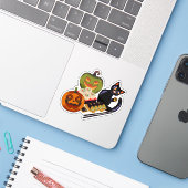 Speelse Zwarte Kat & Duizelige Pompoen Temaki Sush Sticker (Laptop met iPhone)