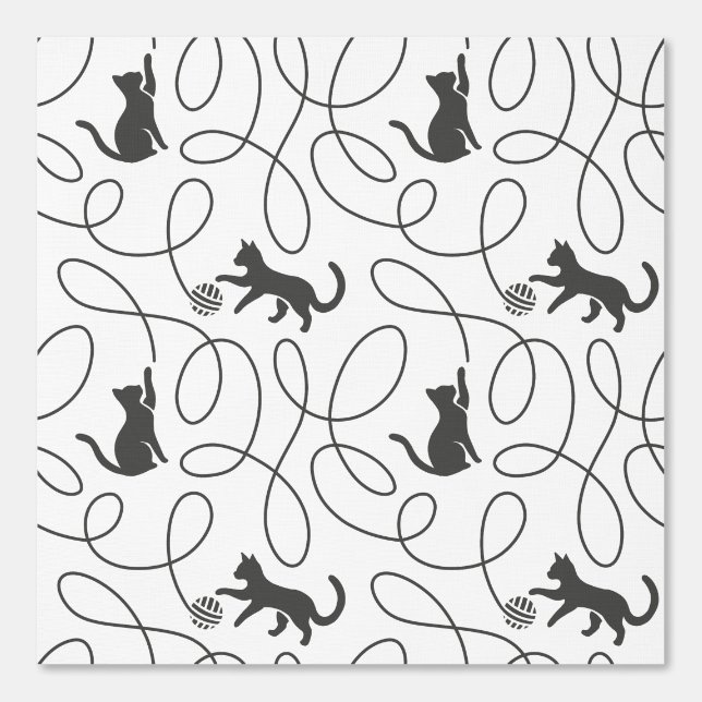 Speelse Zwarte Kat en Draadbal Patroon Behang (Voorkant)