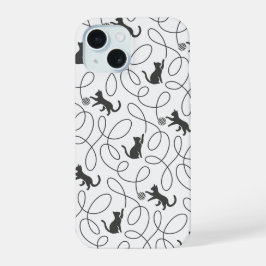 Speelse Zwarte Kat en Draadbal Patroon iPhone 15 Case