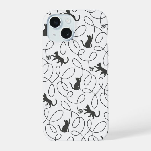 Speelse Zwarte Kat en Draadbal Patroon iPhone 15 Case (Achterkant)