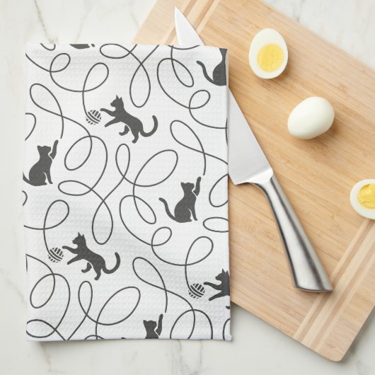 Speelse Zwarte Kat en Garentol Patroon Theedoek (Quarter Fold)