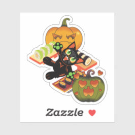 Speelse Zwarte Kat Halloween Sushi & Pompoen Feest Sticker
