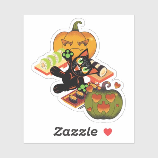 Speelse Zwarte Kat Halloween Sushi & Pompoen Feest Sticker (Vel)