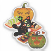 Speelse Zwarte Kat Halloween Sushi & Pompoen Feest Sticker (Voorkant)